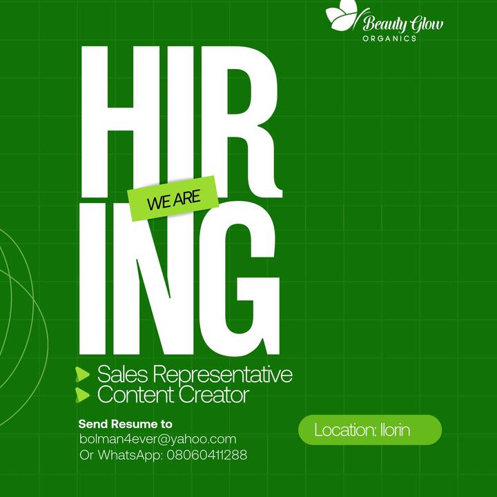 Beauty Glow Organics hiring flyer for a sales representative and content creator