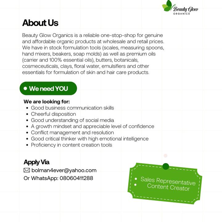Beauty Glow Organics recruitment post — About us and role requirements
