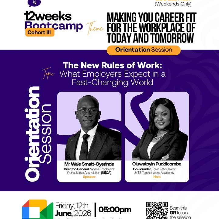 Bootcamp orientation session flyer — The New Rules of Work, featuring two speakers